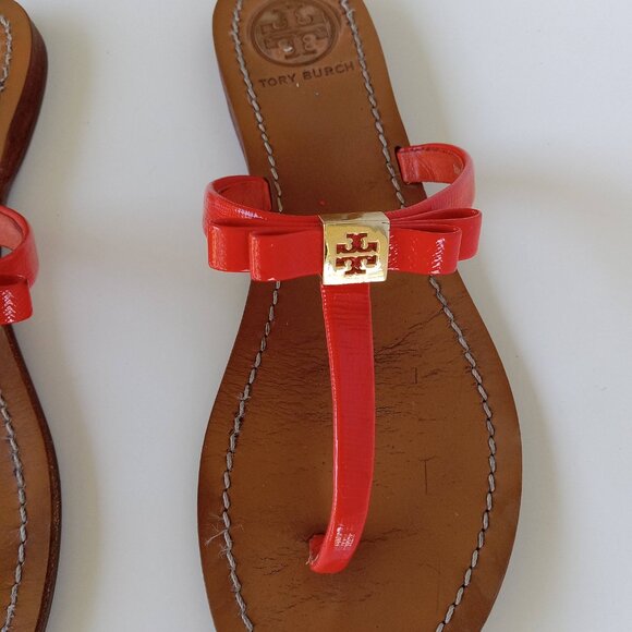 Tory Burch Flat Patent Leather Thong Sandals Women Flip Flop Orange Logo US 7.5 - Picture 5 of 16